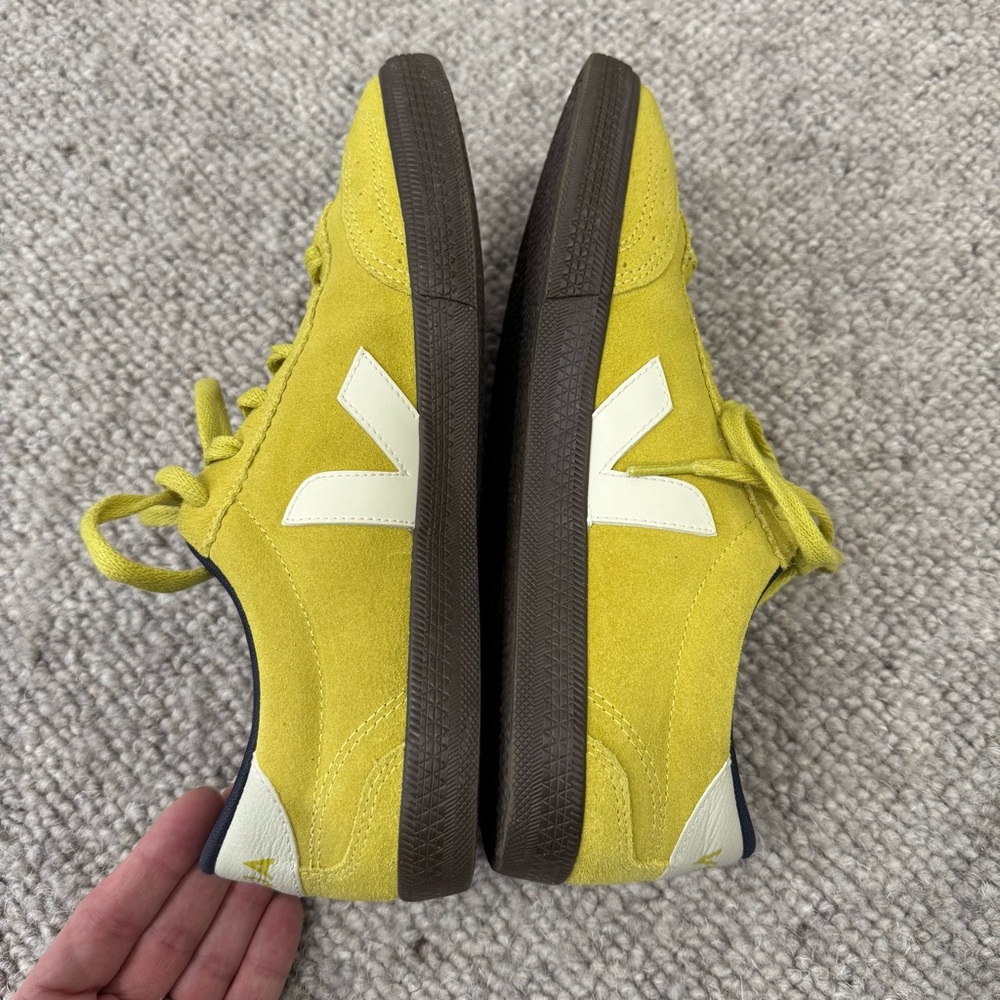 Veja Women’s Suede Sneakers in Chartreuse with White V - Picture 6 of 7
